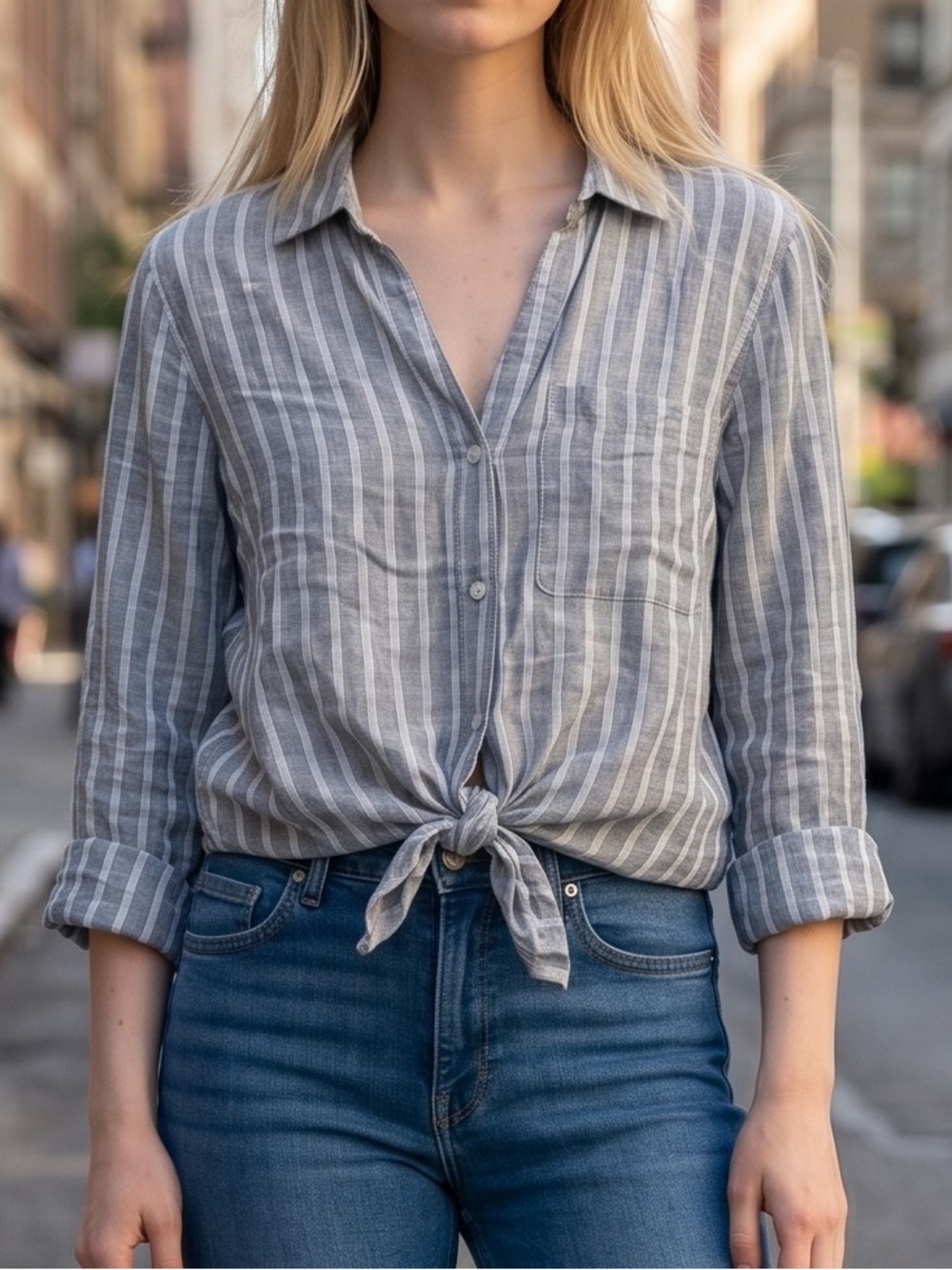 Indulge Gray & White Striped Tie-Front Button Down Shirt Cotton and Rayon